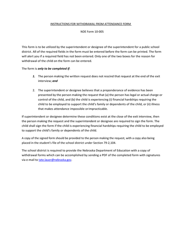 INSTRUCTIONS FOR WITHDRAWAL FROM ATTENDANCE FORM screenshot