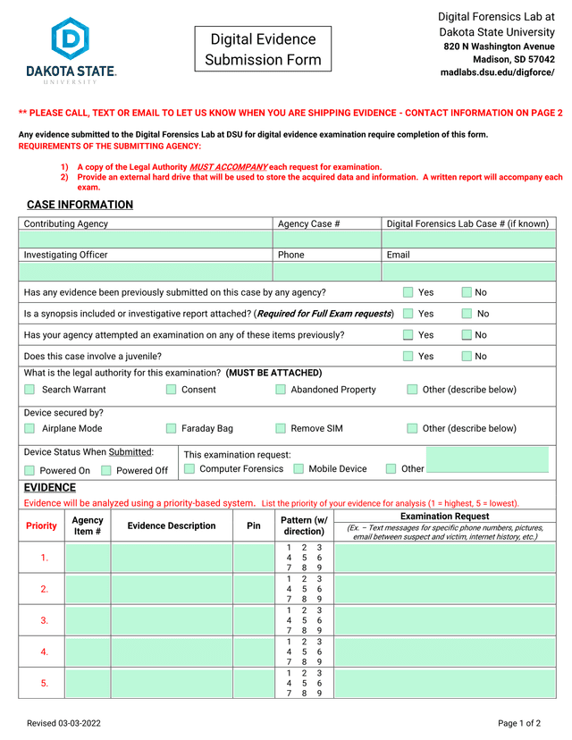 Digital Evidence Submission Form screenshot