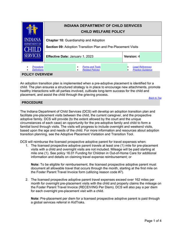 Indiana Department Of Child Services Child Welfare Policy   Adoption Transition Plan And Pre Placeme screenshot