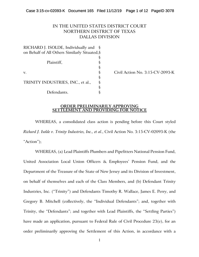Order Preliminarily Approving Settlement And Providing For Notice screenshot