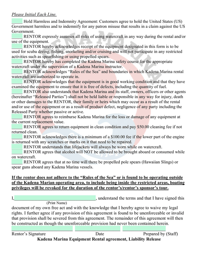 Kadena Marina Watercraft Rental Agreement screenshot
