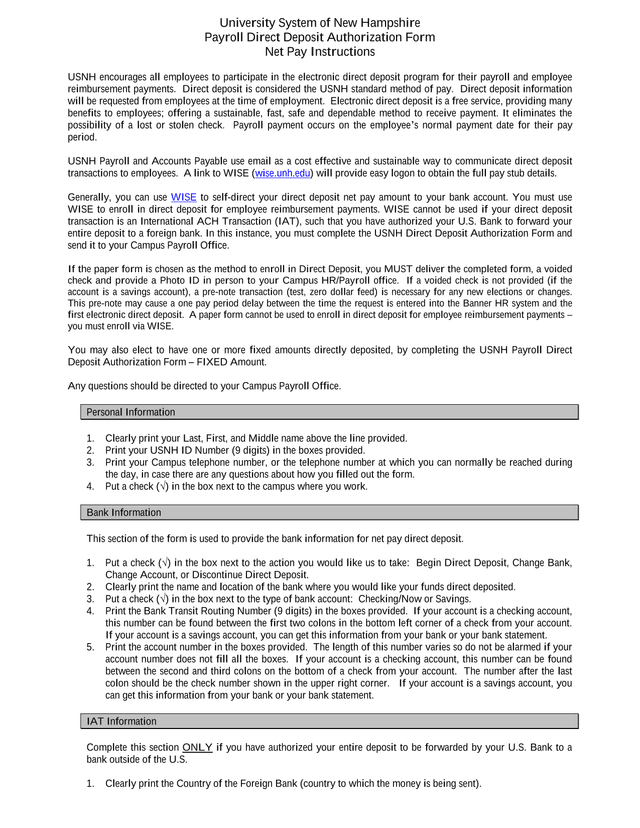 University System Of New Hampshire Payroll Direct Deposit Authorization Form screenshot