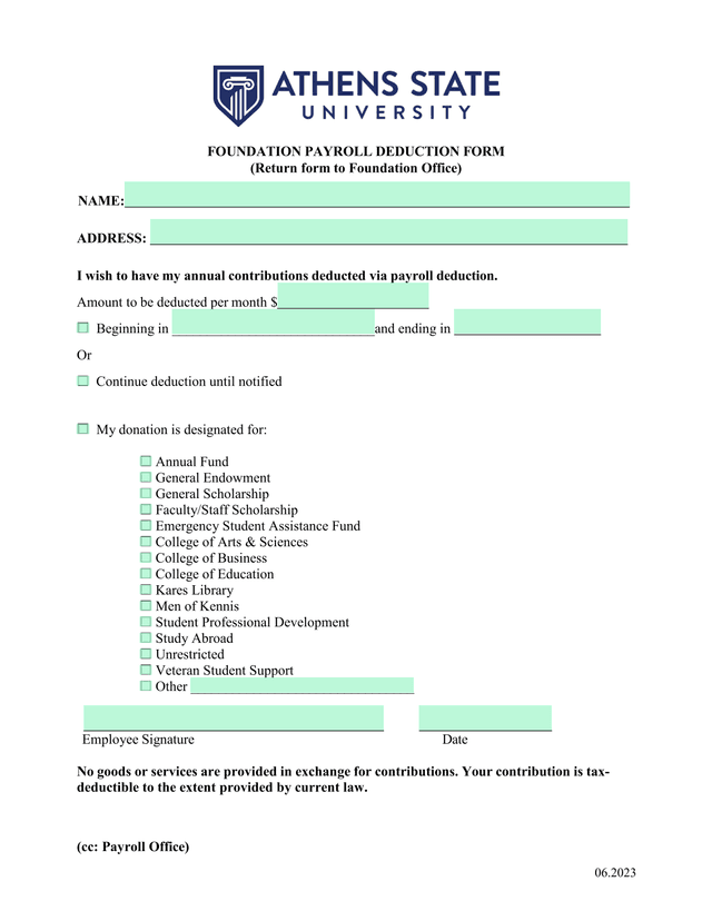 Foundation Payroll Deduction Form screenshot