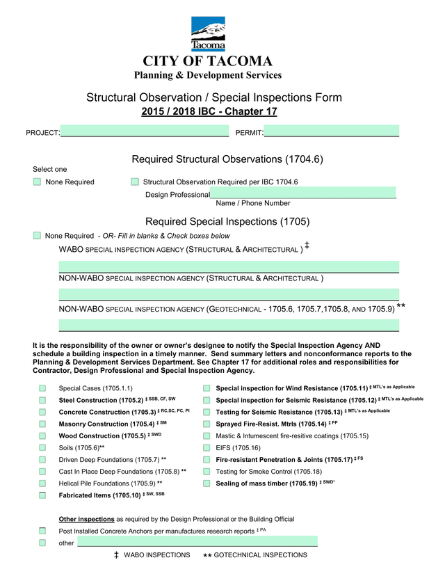 Structural Observation  Special Inspections Form screenshot