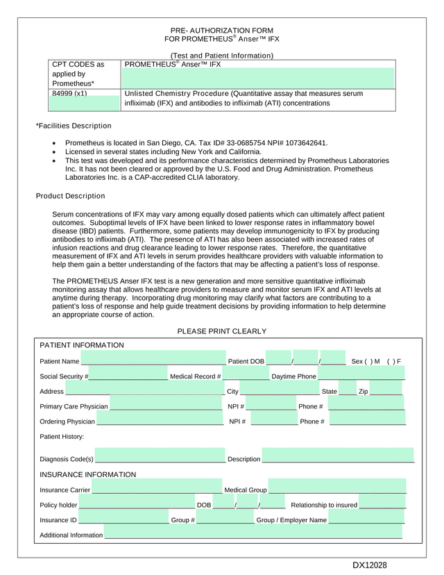 PRE AUTHORIZATION FORM FOR PROMETHEUS Anser IFX screenshot