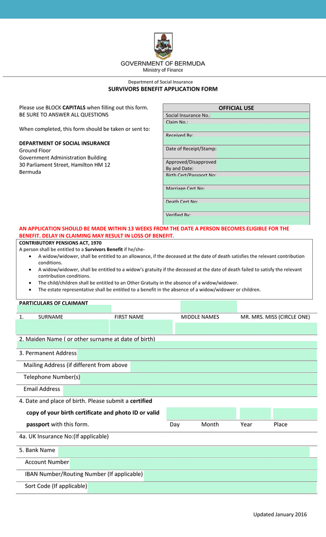 SURVIVORS BENEFIT APPLICATION FORM screenshot