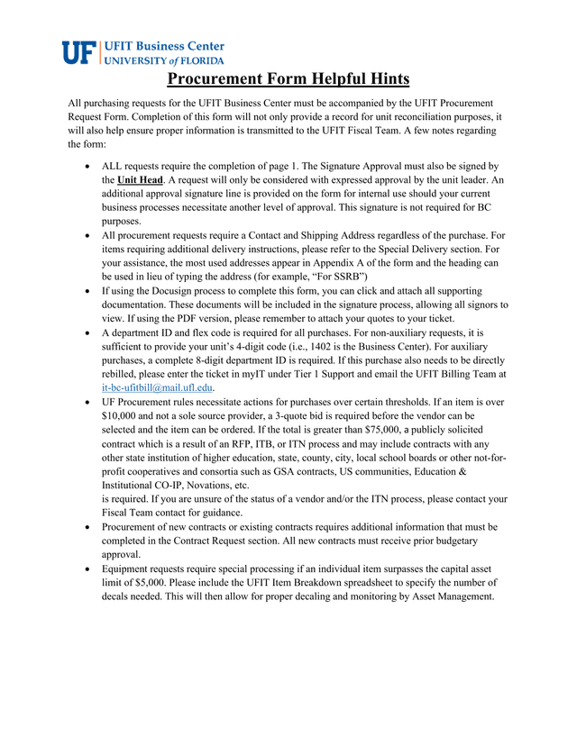 UFIT Procurement Request Form screenshot