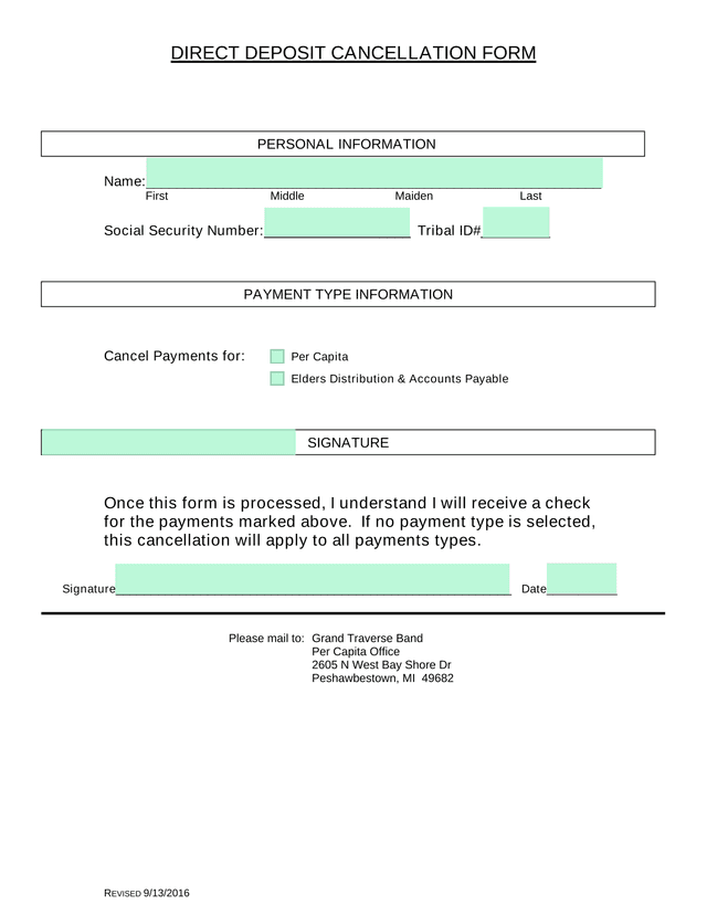 DIRECT DEPOSIT CANCELLATION FORM screenshot