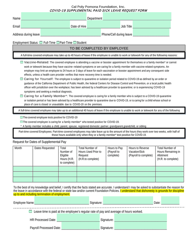 COVID 19 SUPPLEMENTAL PAID SICK LEAVE REQUEST FORM screenshot