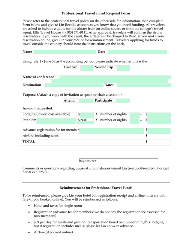 Professional Travel Fund Request Form screenshot