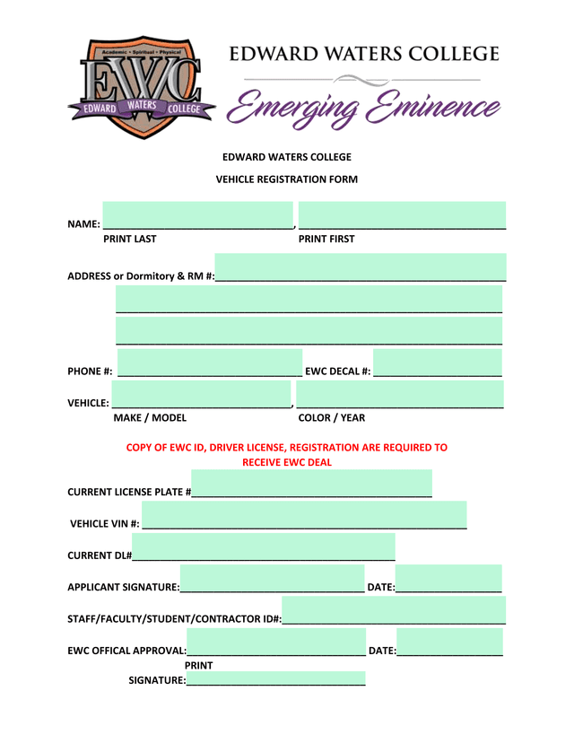 EDWARD WATERS COLLEGE VEHICLE REGISTRATION FORM screenshot