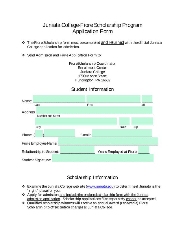 Juniata College Fiore Scholarship Program Application Form screenshot