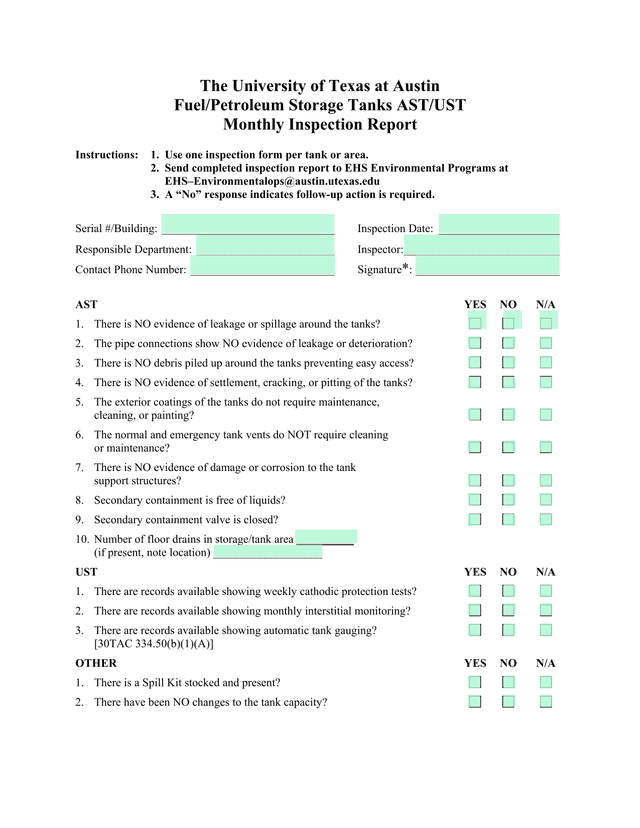 FuelPetroleum Storage Tanks ASTUST Monthly Inspection Report screenshot