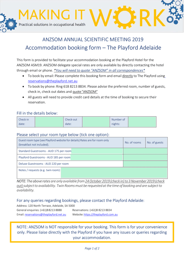 ANZSOM Annual Scientific Meeting 2019 Accommodation Booking Form screenshot