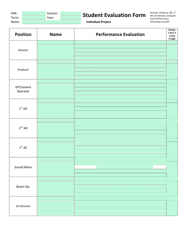 Student Evaluation Form screenshot