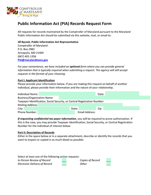 Public Information Act (PIA) Records Request Form screenshot