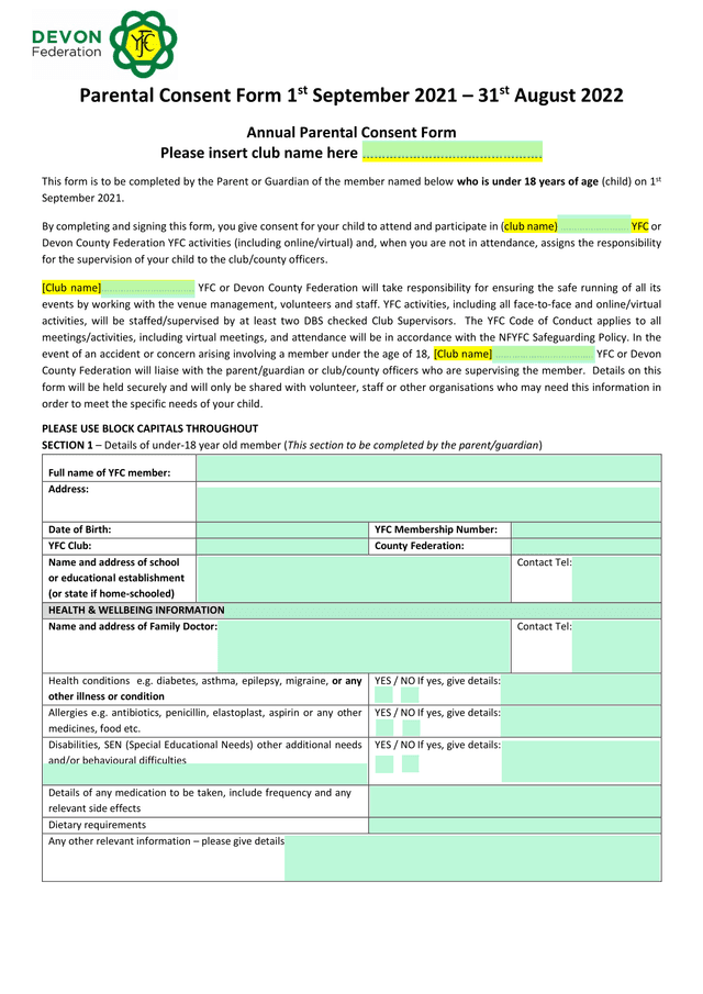 Annual Parental Consent Form screenshot