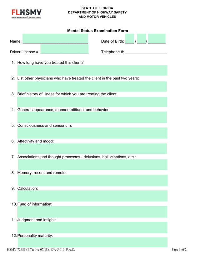 Mental Status Examination Form screenshot