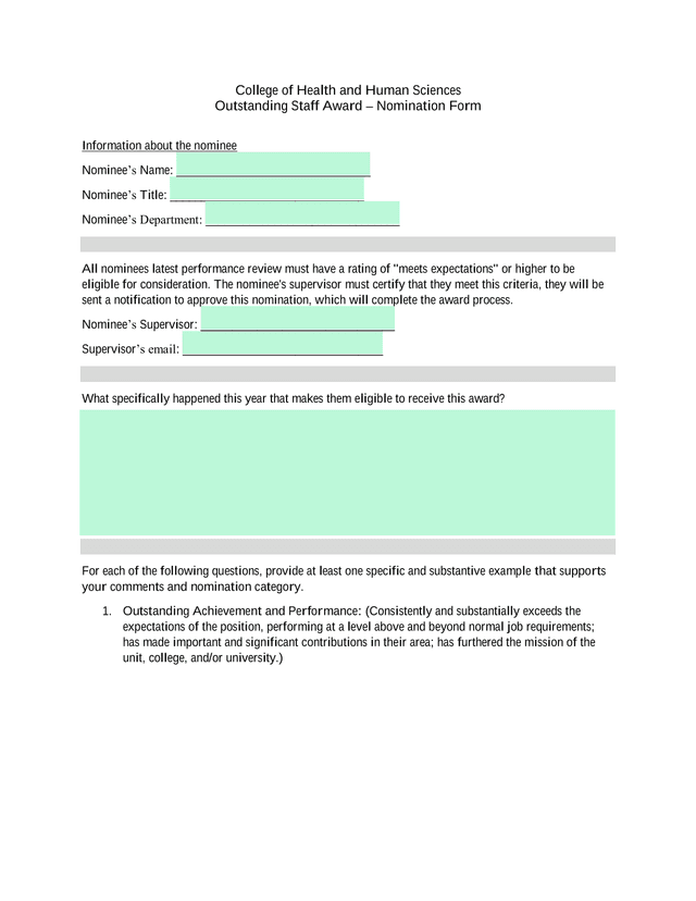Outstanding Staff Award  Nomination Form screenshot