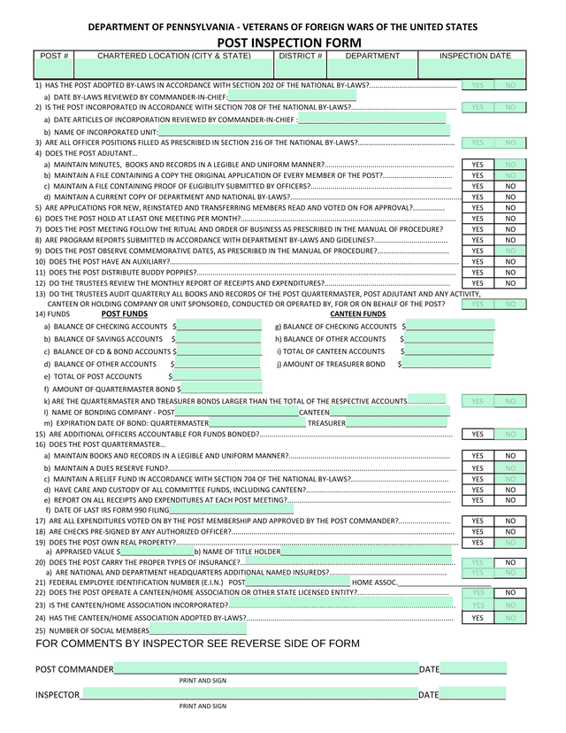VFW Post Inspection Form screenshot