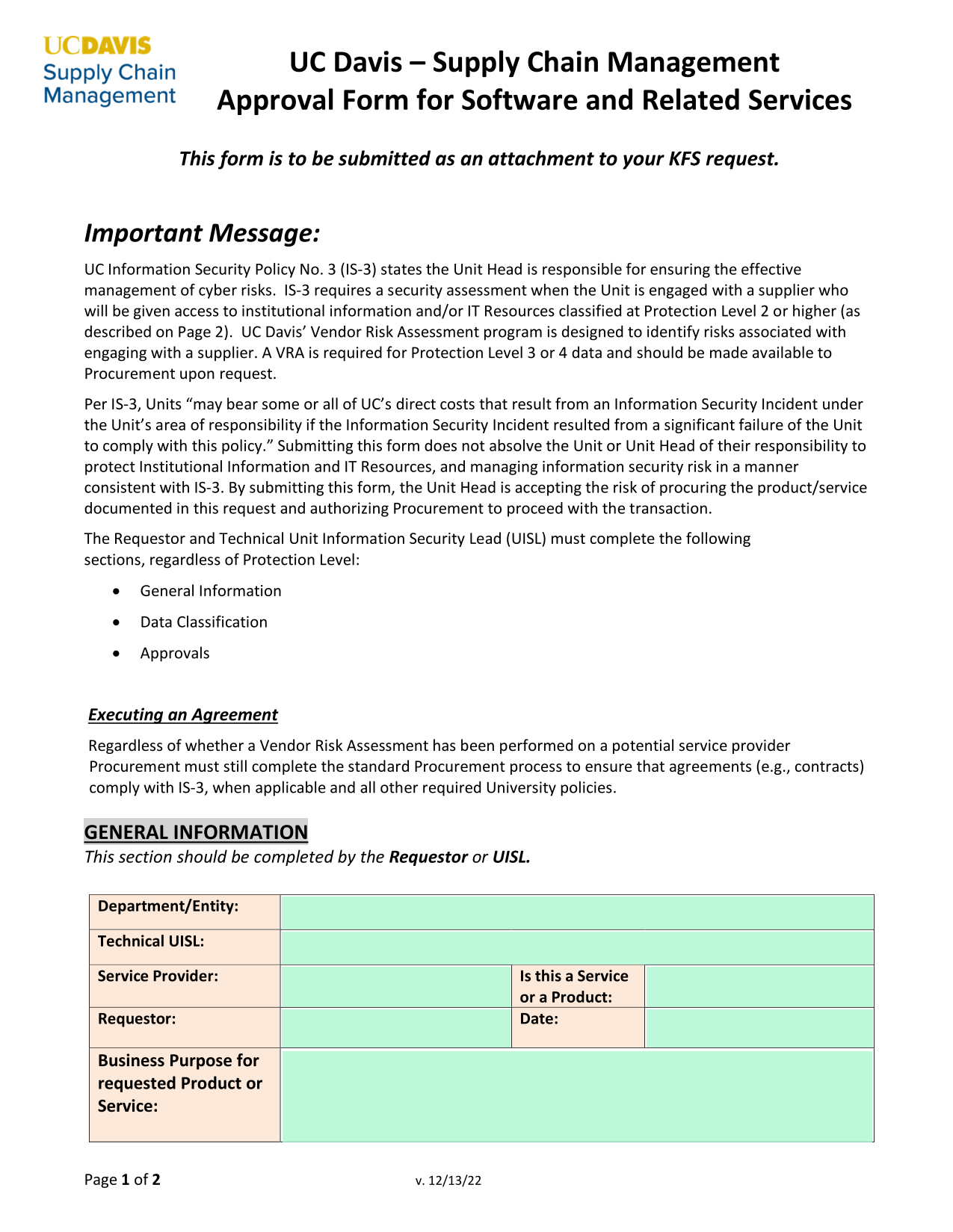 UC Davis  Supply Chain Management Approval Form For Software And Related Services screenshot