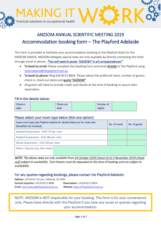 ANZSOM Annual Scientific Meeting 2019 Accommodation Booking Form screenshot