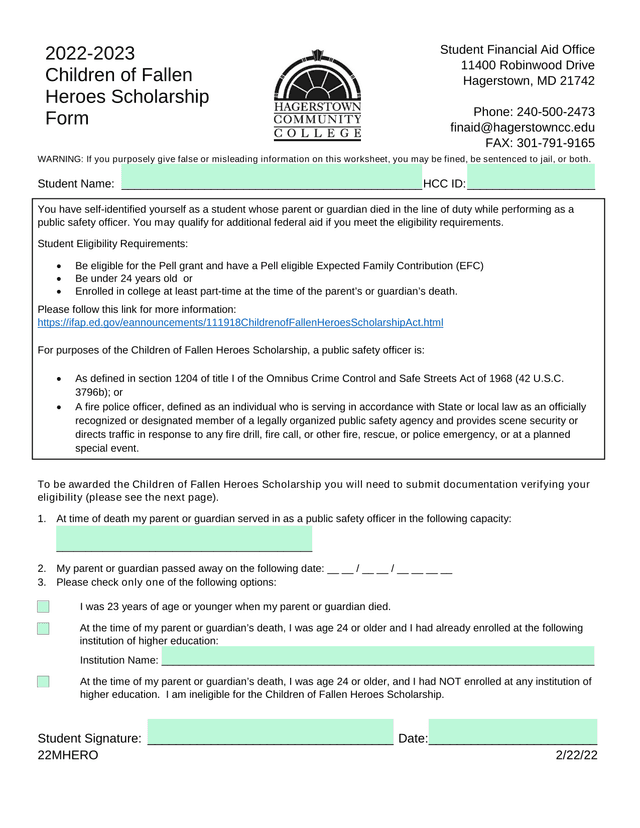 Children Of Fallen Heroes Scholarship Form screenshot
