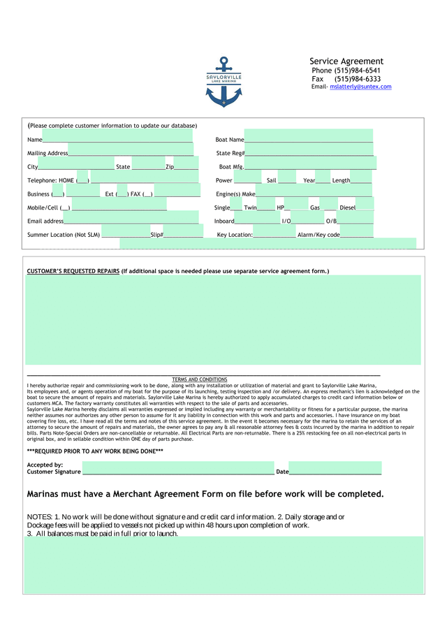 Service Agreement Form screenshot