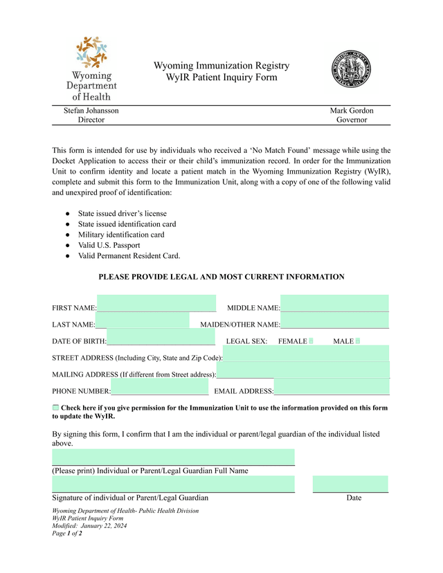WyIR Patient Inquiry Form screenshot