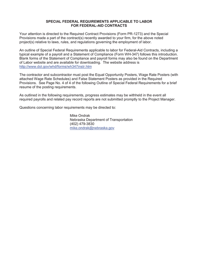 Special Federal Requirements Applicable To Labor For Federal Aid Contracts screenshot