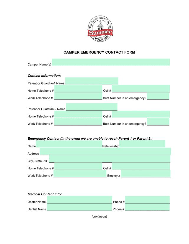 CAMPER EMERGENCY CONTACT FORM screenshot