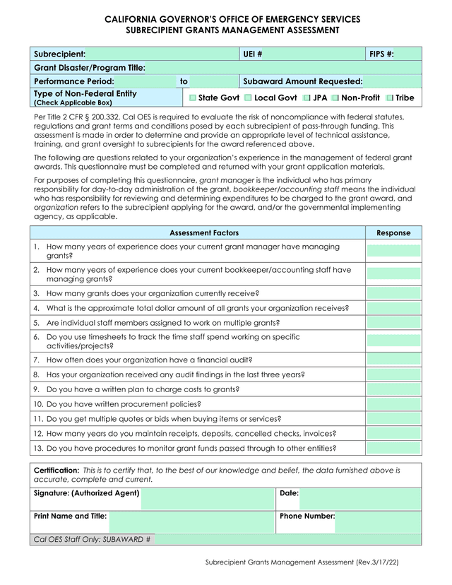 Subrecipient Grants Management Assessment screenshot