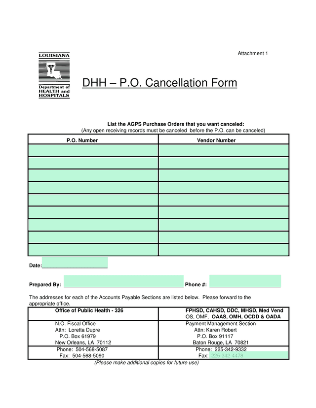 DHH  P.O. Cancellation Form screenshot