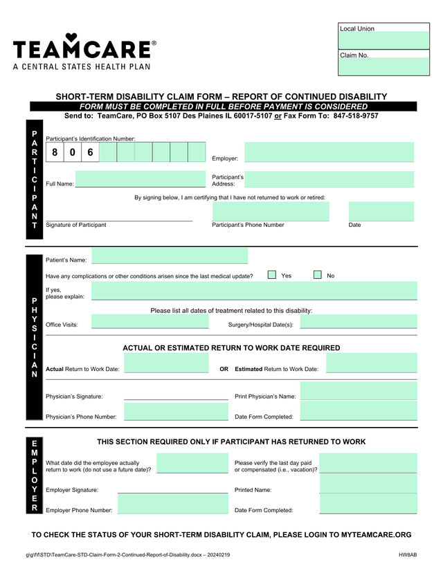 Short Term Disability Claim Form  Report Of Continued Disability screenshot