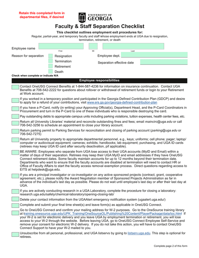 Faculty  Staff Separation Checklist screenshot