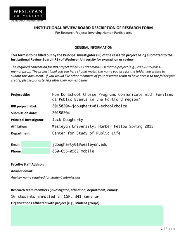 IRB Research Proposal Form screenshot