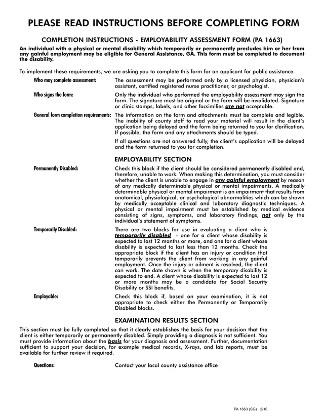 Employability Assessment Form (PA 1663) screenshot