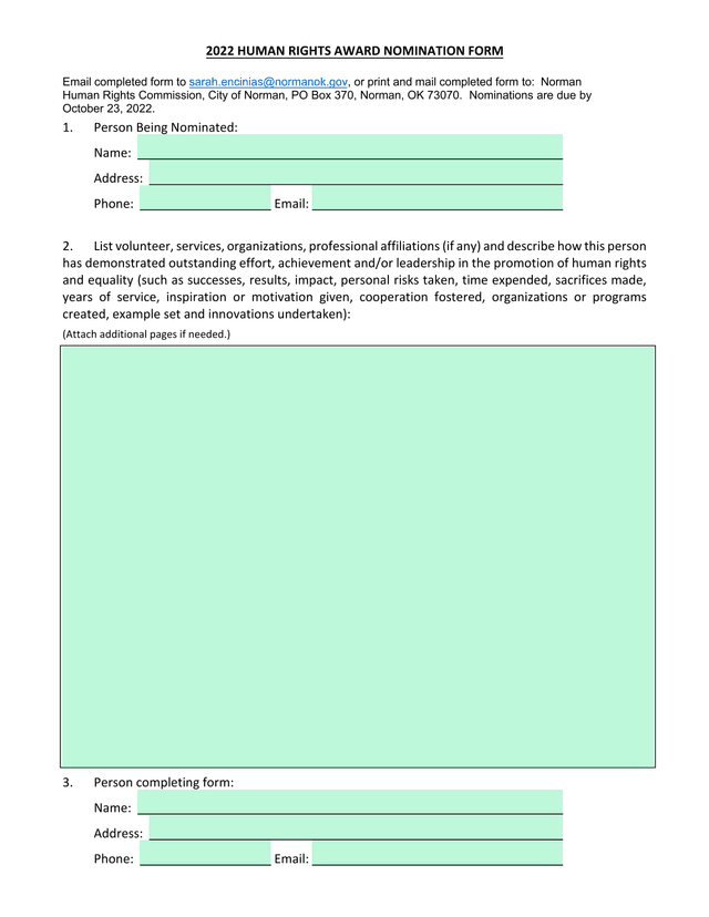 2022 Human Rights Award Nomination Form screenshot
