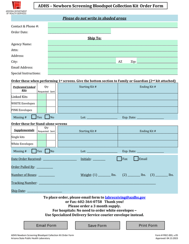 ADHS Newborn Screening Bloodspot Collection Kit Order Form screenshot