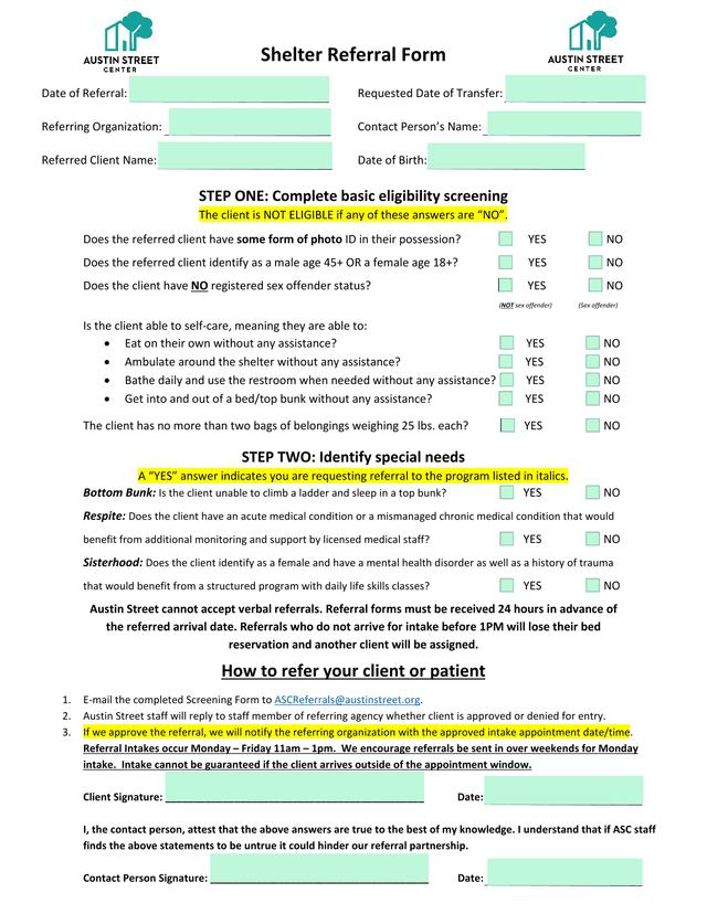 Shelter Referral Form screenshot