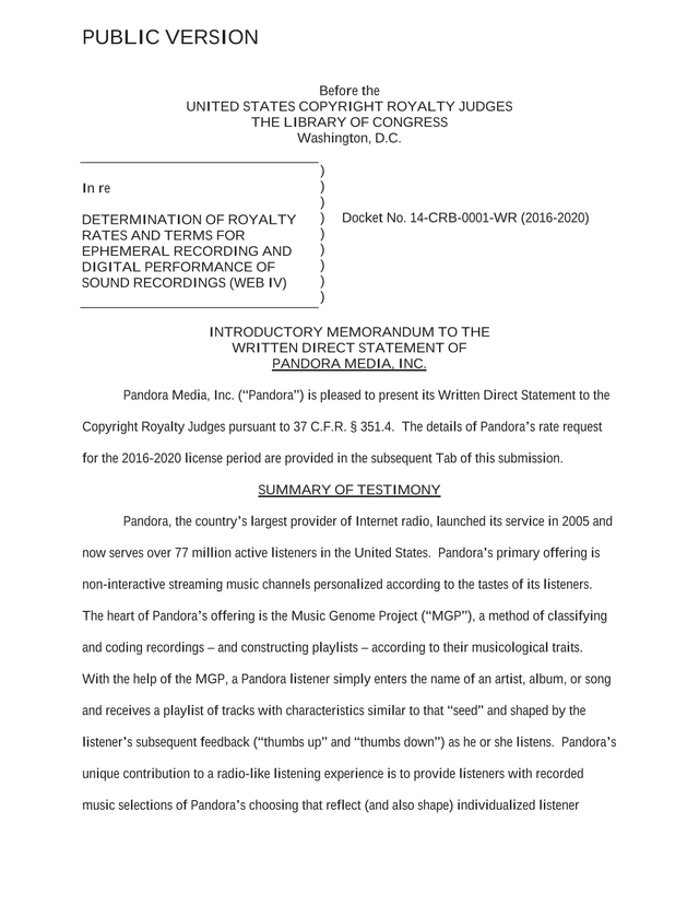Introductory Memorandum To The Written Direct Statement Of Pandora Media, Inc. screenshot