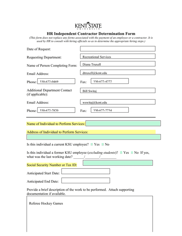 HR Independent Contractor Determination Form screenshot