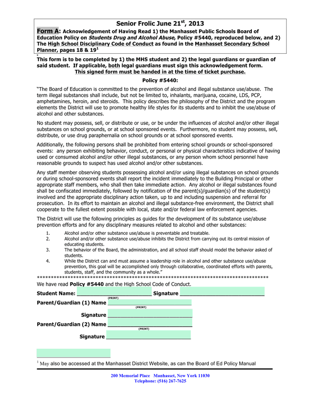Form A Acknowledgement Of Drug And Alcohol Policy screenshot