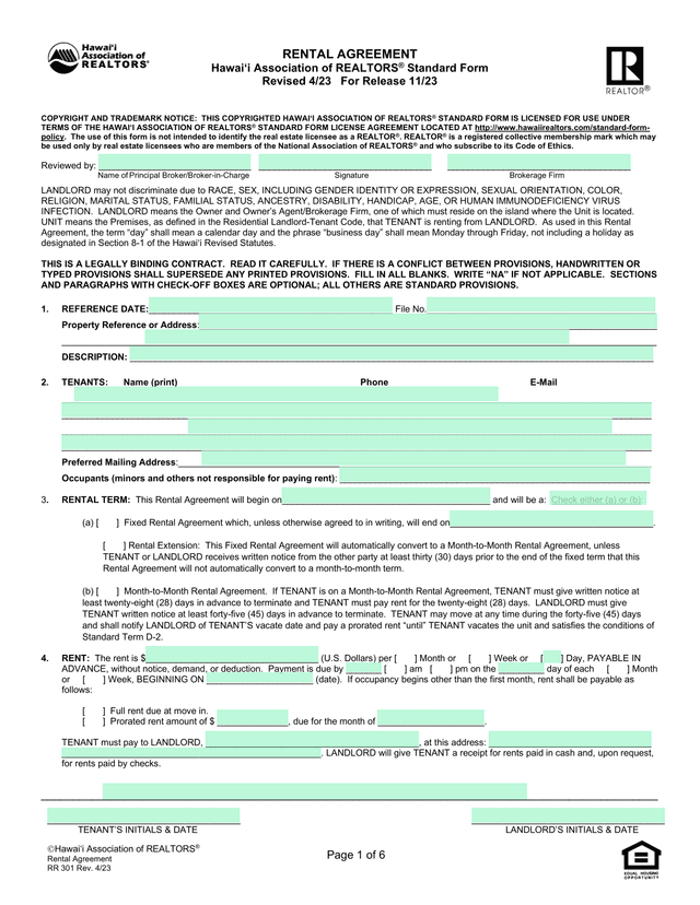 Rental Agreement   HawaiI Association Of REALTORS Standard Form screenshot