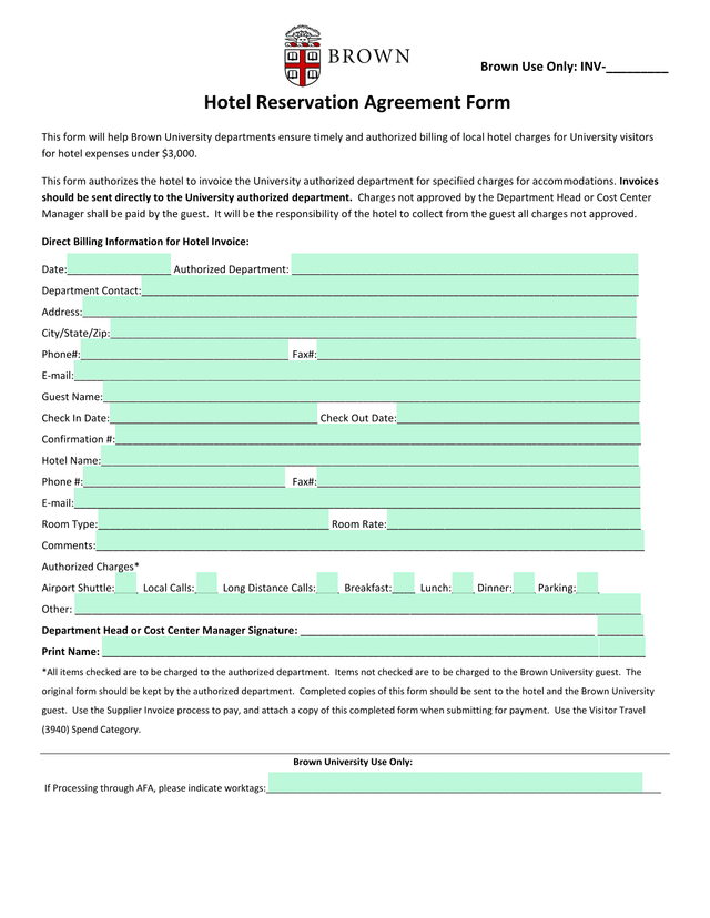 Hotel Reservation Agreement Form screenshot