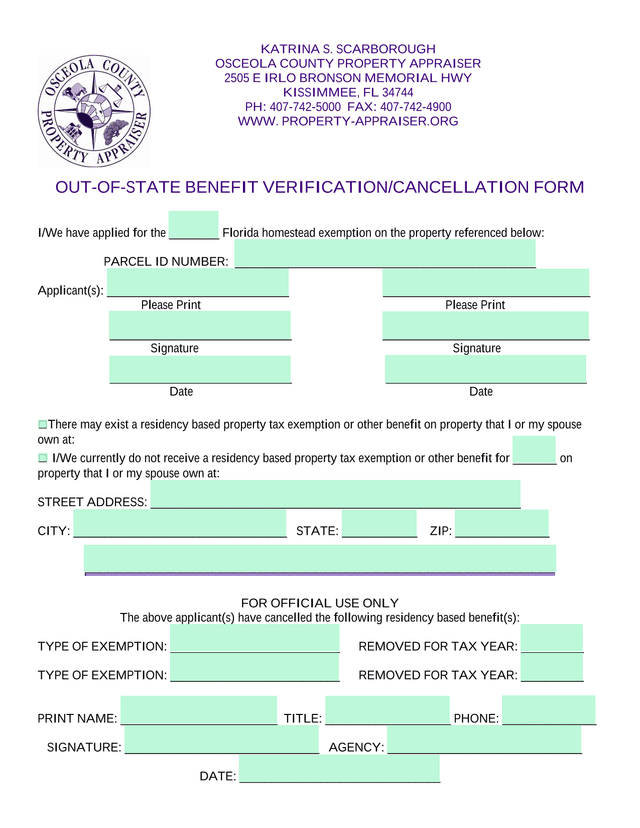 OUT OF STATE BENEFIT VERIFICATIONCANCELLATION FORM screenshot