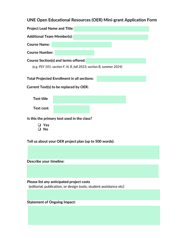 UNE Open Educational Resources (OER) Mini Grant Application Form screenshot