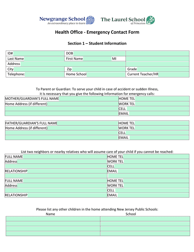 Health Office   Emergency Contact Form screenshot
