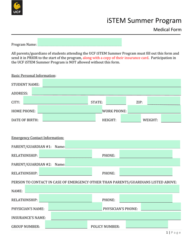 ISTEM Summer Program Medical Form screenshot