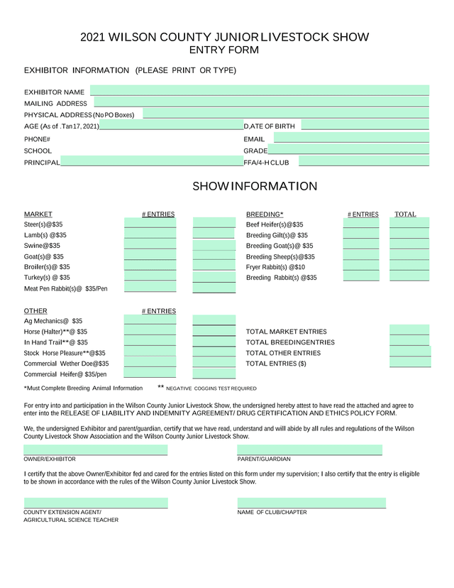 2021 Wilson County Junior Livestock Show Entry Form screenshot